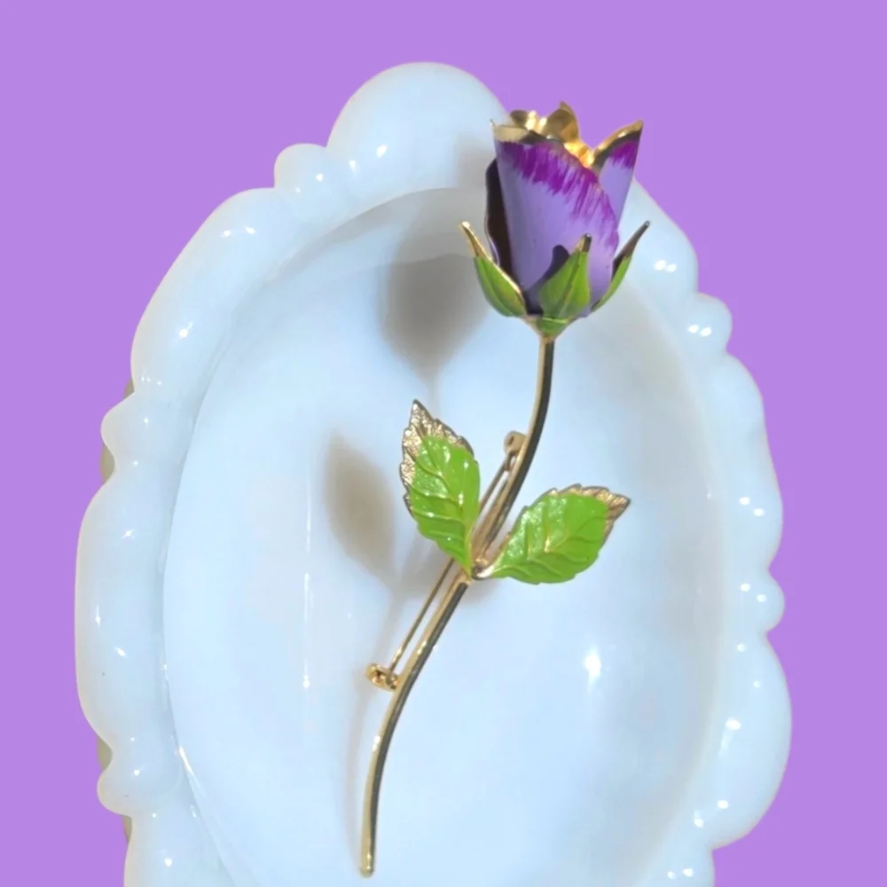 Vintage Purple Enamel Rose Brooch
